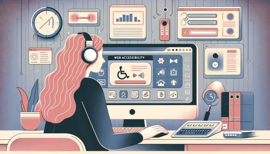 Illustratie van webtoegankelijkheid met symbolen voor inclusief webdesign en WCAG-richtlijnen
